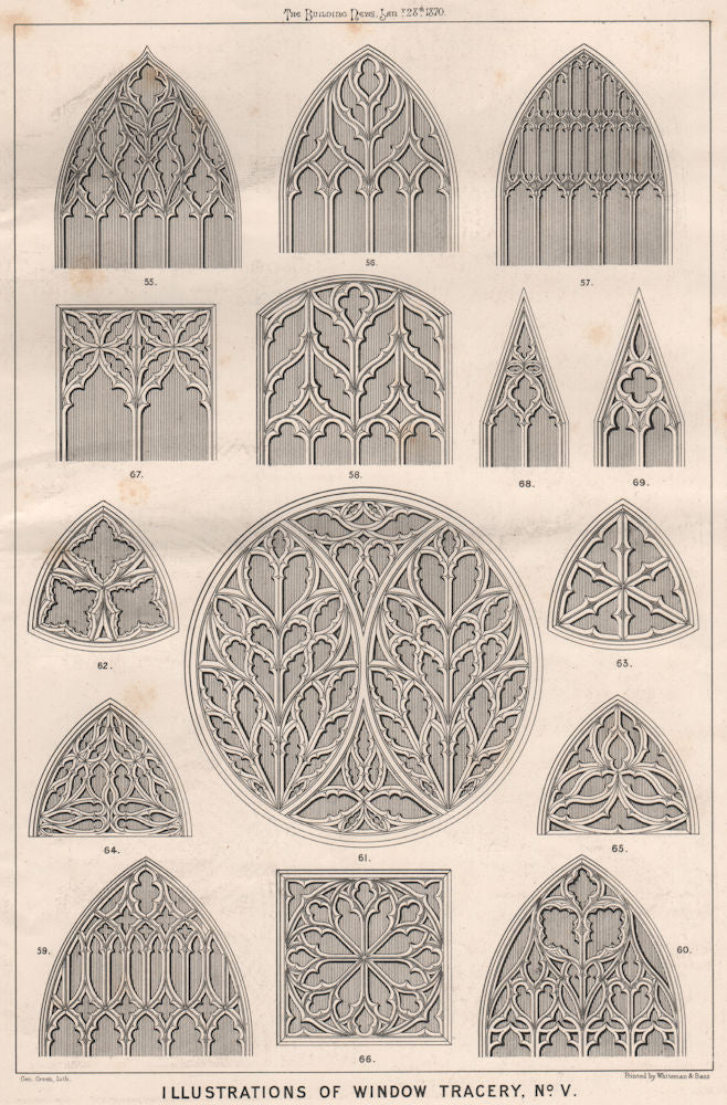 Illustrations of window Tracery, No. V . Decorative 1870 old antique print